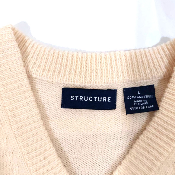 STRUCTURE 100% Lambswool Beige Tan Long Sleeve Pullover V-Neck Sweater Size L - Picture 5 of 5